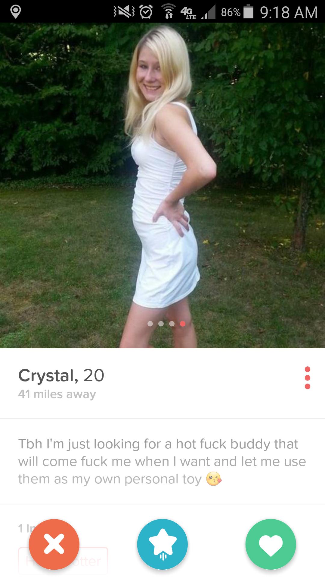 goat on tinder - N O 4914 86% Crystal, 20 41 miles away Tbh I'm just looking for a hot fuck buddy that will come fuck me when I want and let me use them as my own personal toy 3