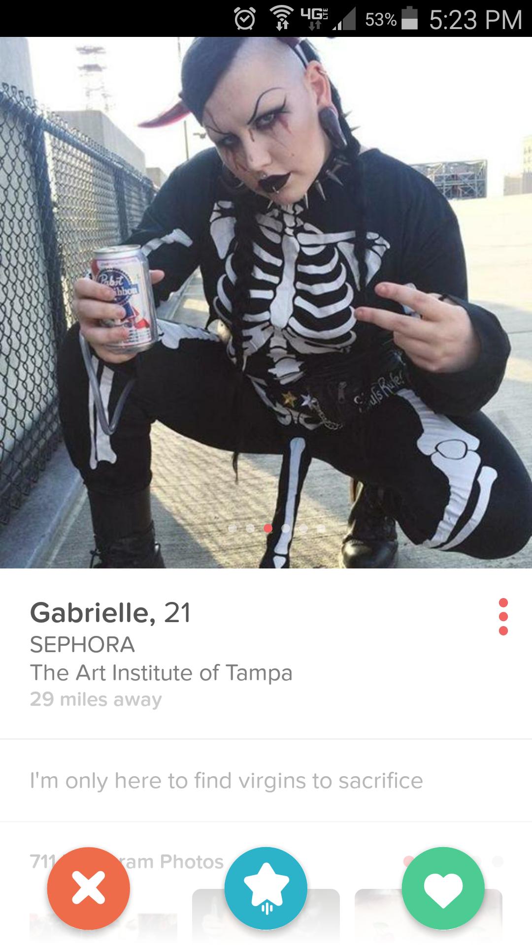photo caption - 0 46,53% Gabrielle, 21 Sephora The Art Institute of Tampa 29 miles away I'm only here to find virgins to sacrifice ram Photos Oo X