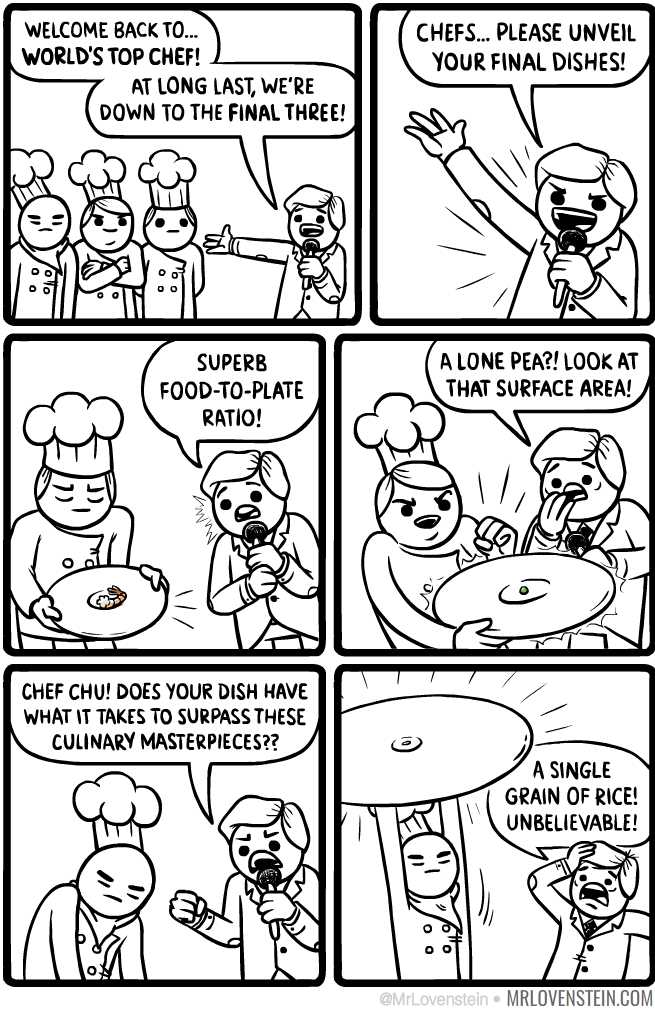 comics - Welcome Back To... World'S Top Chef! At Long Last, We'Re Down To The Final Three! Chefs... Please Unveil Your Final Dishes! Superb FoodToPlate Ratio! Alone Pea?! Look At That Surface Area! Chef Chu! Does Your Dish Have What It Takes To Surpass Th