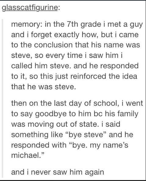 document - glasscatfigurine memory in the 7th grade i met a guy and i forget exactly how, but i came to the conclusion that his name was steve, so every time i saw him i called him steve. and he responded to it, so this just reinforced the idea that he wa