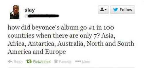 dumbest twitter tweets - slay 1 y how did beyonce's album go in 100 countries when there are only 7? Asia, Africa, Antartica, Australia, North and South America and Europe tf Retweeted Favorite More
