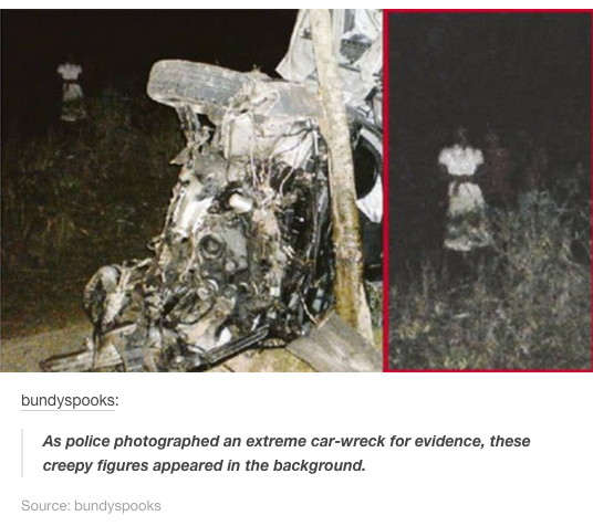 creepy crime scene - bundyspooks As police photographed an extreme carwreck for evidence, these creepy figures appeared in the background. Source bundyspooks