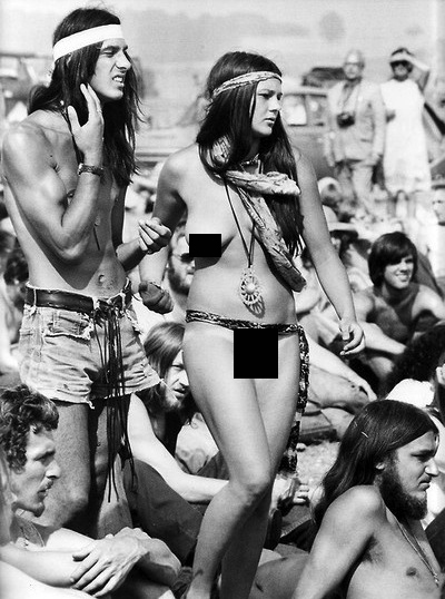 Hippie girl's scandalous nudity at Woodstock, 1969.