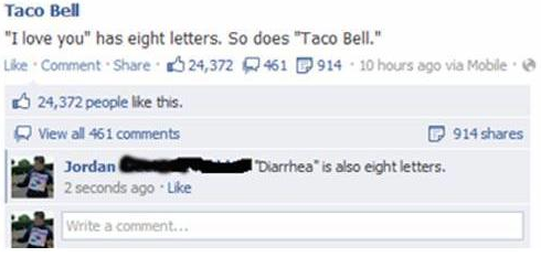 facebook - Taco Bell "I love you" has eight letters. So does "Taco Bell." Comment . 24,372 461 P 914 . 10 hours ago via Moble. 24,372 people this. View all 461 P 914 Jordan "Diarrhea is also eight letters. 2 seconds ago Write a comment...