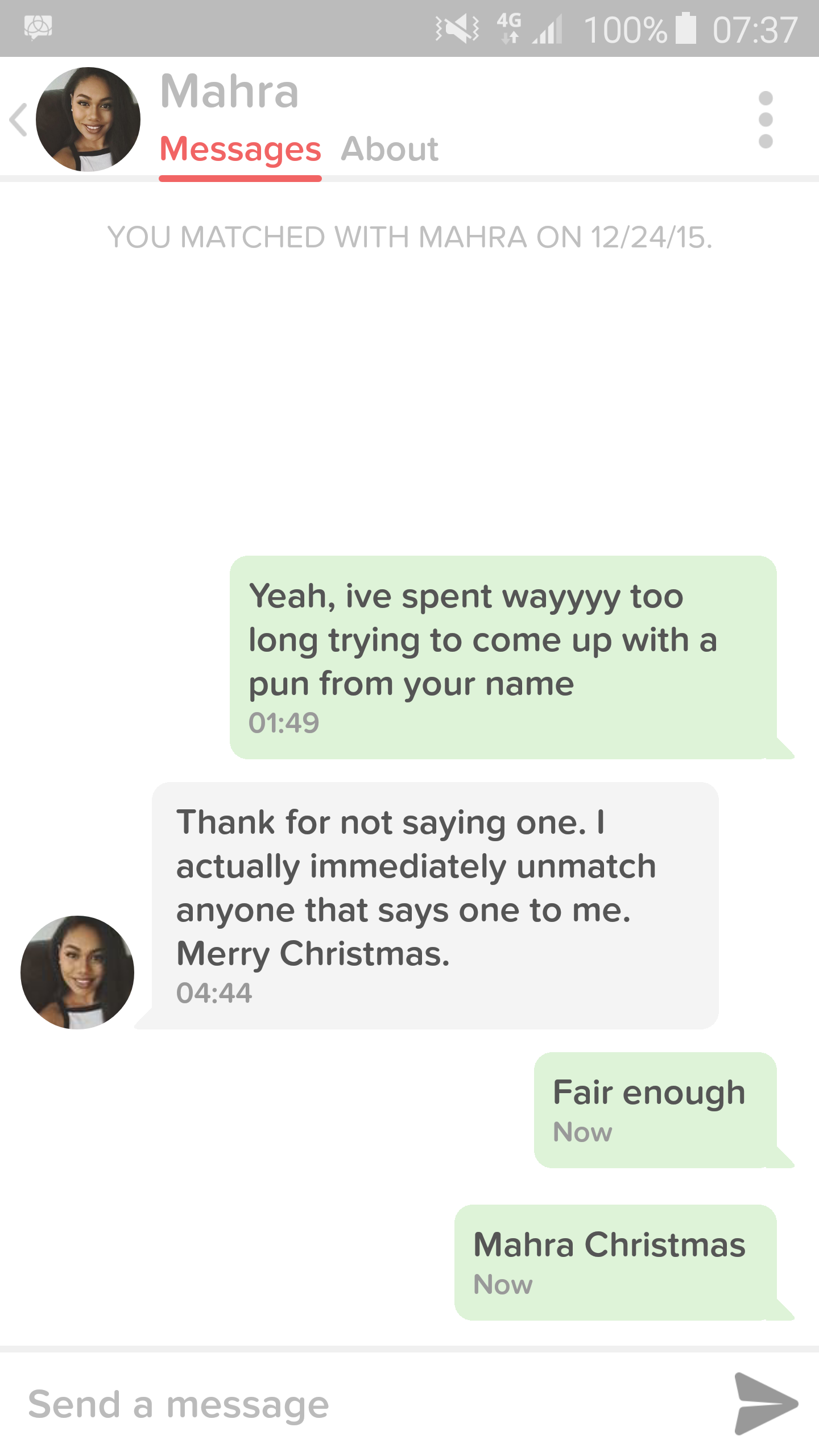 mahra tinder - 46. 100% N Mahra Messages About You Matched With Mahra On 122415. Yeah, ive spent wayyyy too long trying to come up with a pun from your name Thank for not saying one. I actually immediately unmatch anyone that says one to me. Merry Christm