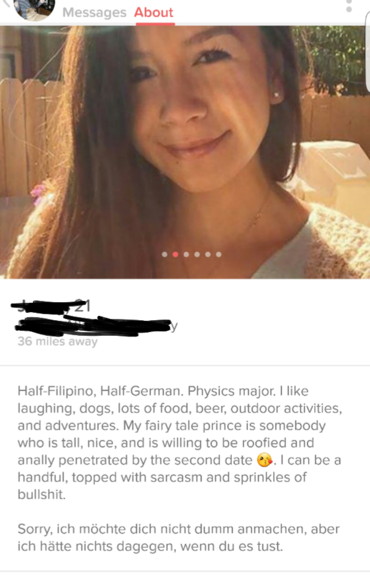 lip - Messages About 36 miles away Half Filipino, HalfGerman. Physics major. I laughing, dogs, lots of food, beer, outdoor activities, and adventures. My fairy tale prince is somebody who is tall, nice, and is willing to be roofied and anally penetrated b