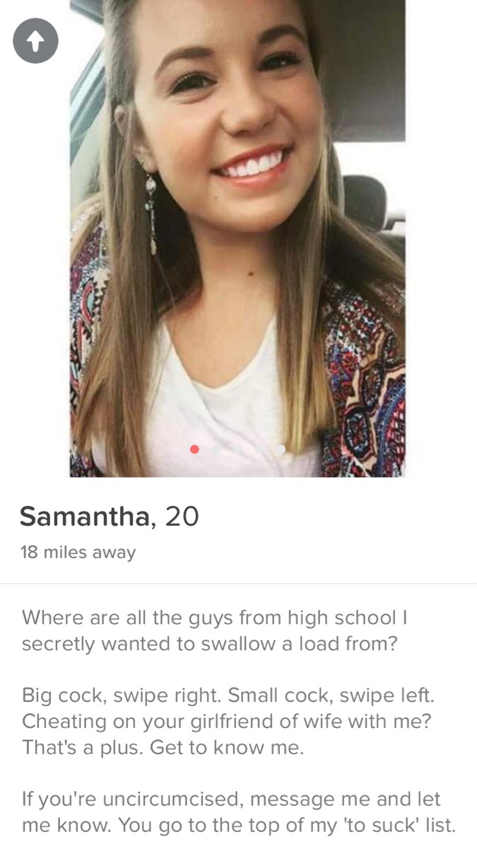 tinder looking for big cock - Samantha, 20 18 miles away Where are all the guys from high school i secretly wanted to swallow a load from? Big cock, swipe right. Small cock, swipe left. Cheating on your girlfriend of wife with me? That's a plus. Get to kn