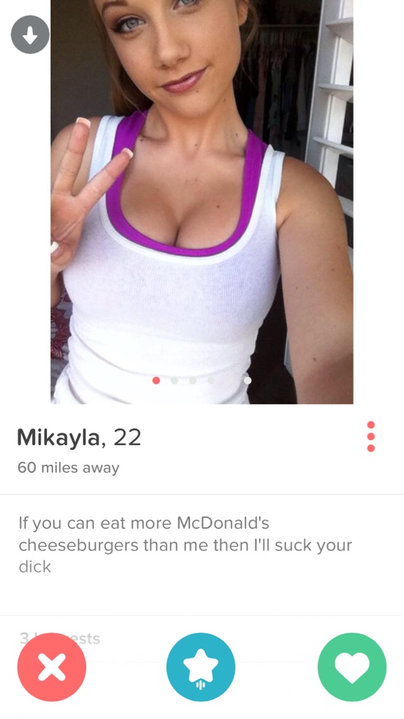 mikayla 22 - Mikayla, 22 60 miles away If you can eat more McDonald's cheeseburgers than me then I'll suck your dick 3 sts
