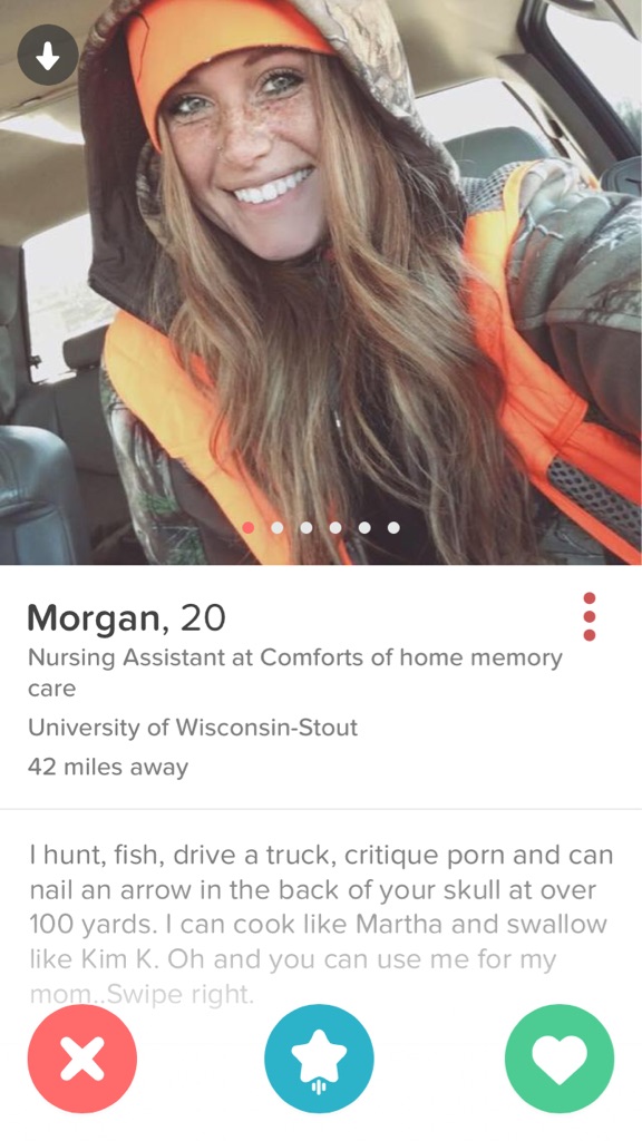 busty tinder - Morgan, 20 Nursing Assistant at Comforts of home memory care University of WisconsinStout 42 miles away Thunt, fish, drive a truck, critique porn and can nail an arrow in the back of your skull at over 100 yards. I can cook Martha and swall