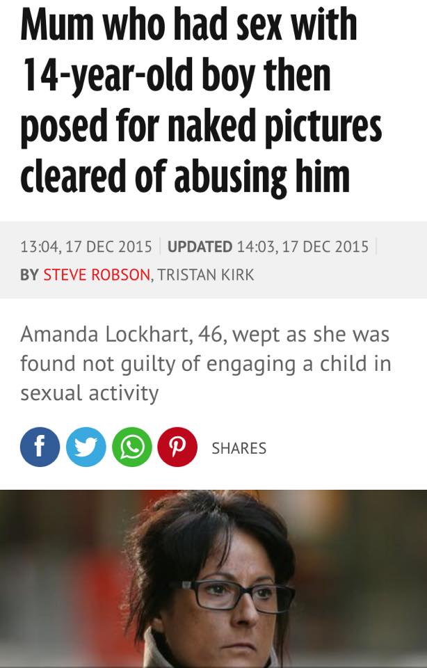 photo caption - Mum who had sex with 14yearold boy then posed for naked pictures cleared of abusing him , Updated , By Steve Robson, Tristan Kirk Amanda Lockhart, 46, wept as she was found not guilty of engaging a child in sexual activity O