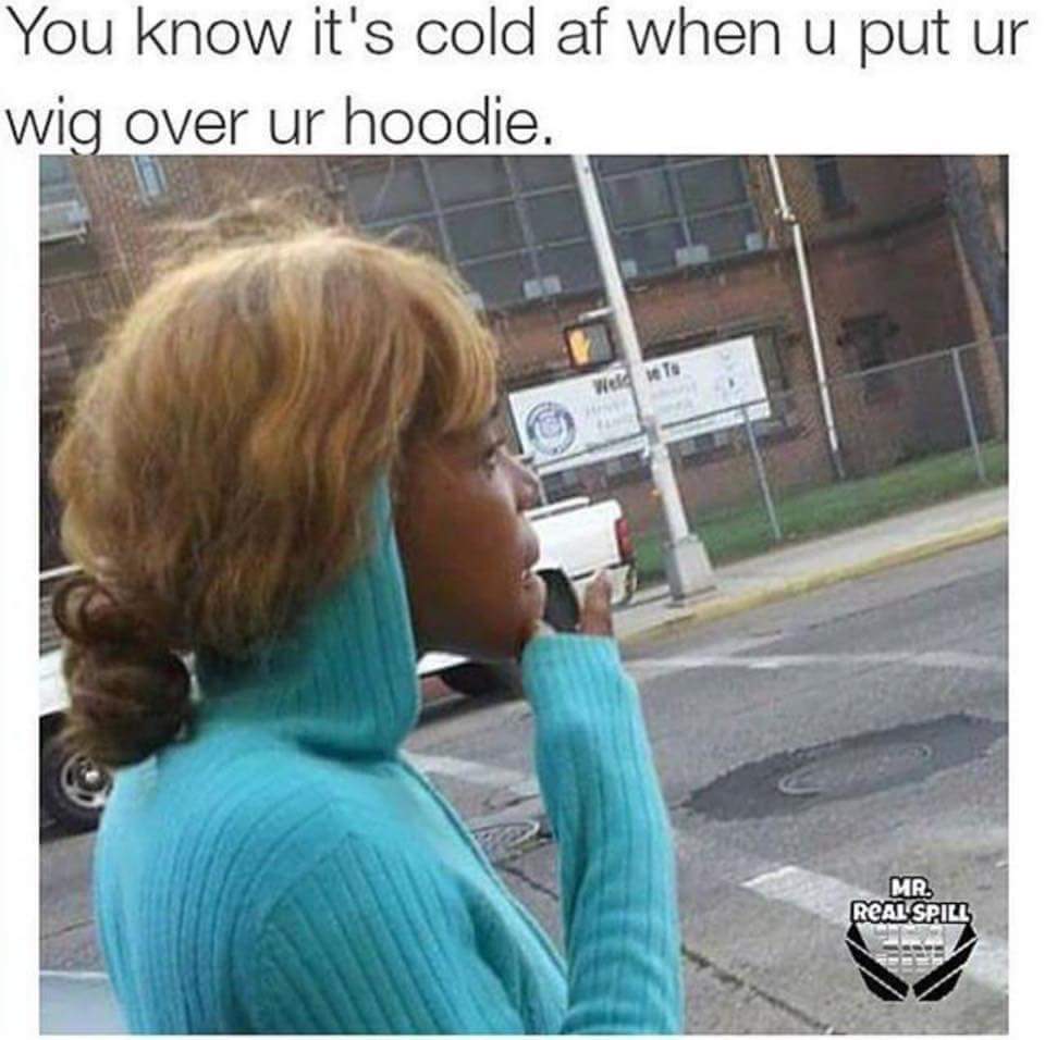 memes - you know it's cold when you put your wig over your hoodie - You know it's cold af when u put ur wig over ur hoodie. Mr. Real Spill