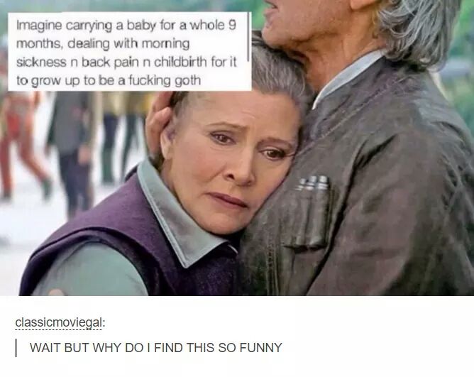 star wars 7 han and leia - Imagine carrying a baby for a whole 9 months, dealing with morning sickness n back pain n childbirth for it to grow up to be a fucking goth classicmoviegal | Wait But Why Do I Find This So Funny
