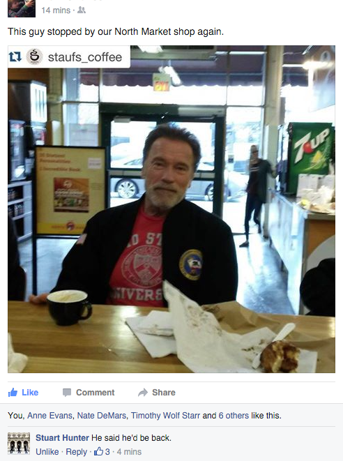 photo caption - 14 mins This guy stopped by our North Market shop again. t 6 staufs coffee Ver Comment You, Anne Evans, Nate De Mars, Timothy Wolf Starr and 6 others this. Stuart Hunter He said he'd be back. Un 34 mins