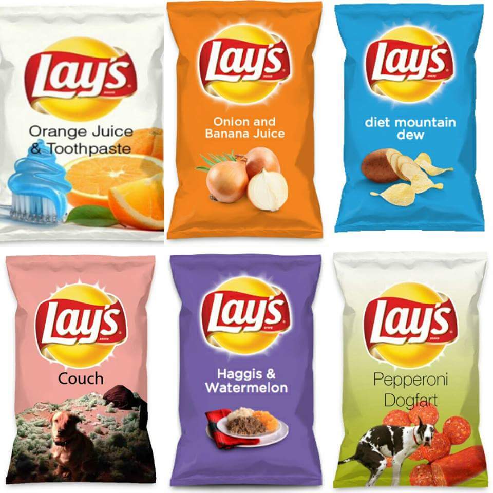 chip flavours - lays Lay's Lay's Orange Juice & Toothpaste Onion and Banana Juice diet mountain dew Lay's Lay's Lays Couch Haggis & Watermelon Pepperoni Dogfart