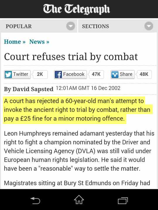 article about man that wanted to fight a small parking ticket with a trial by combat
