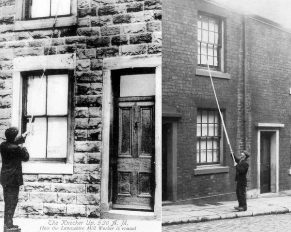 Before alarm clocks there were 'knocker-ups' in Britain and Ireland 

who went knocking door to door with a large stick.