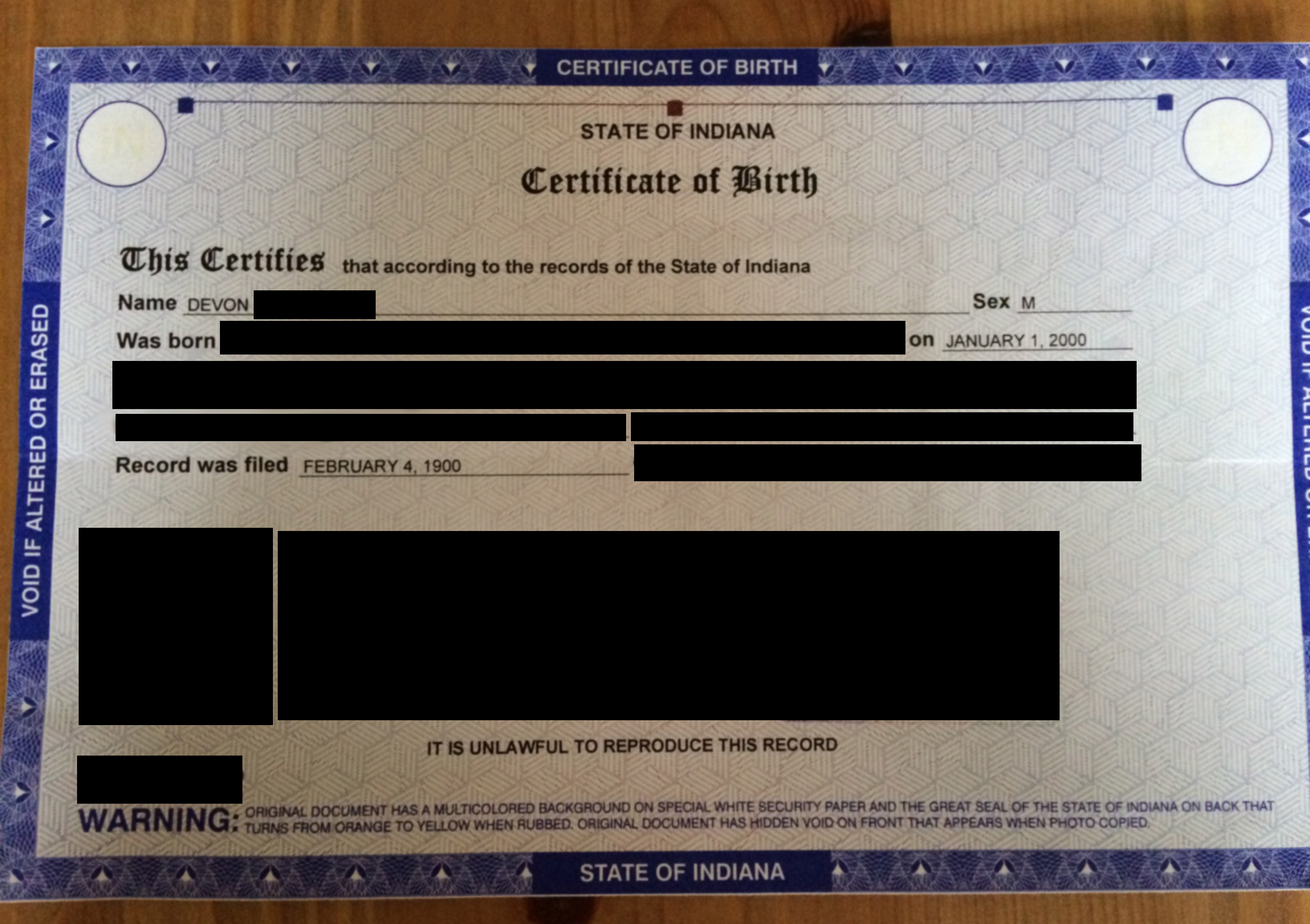 A birth certificate affected by the Y2K bug.