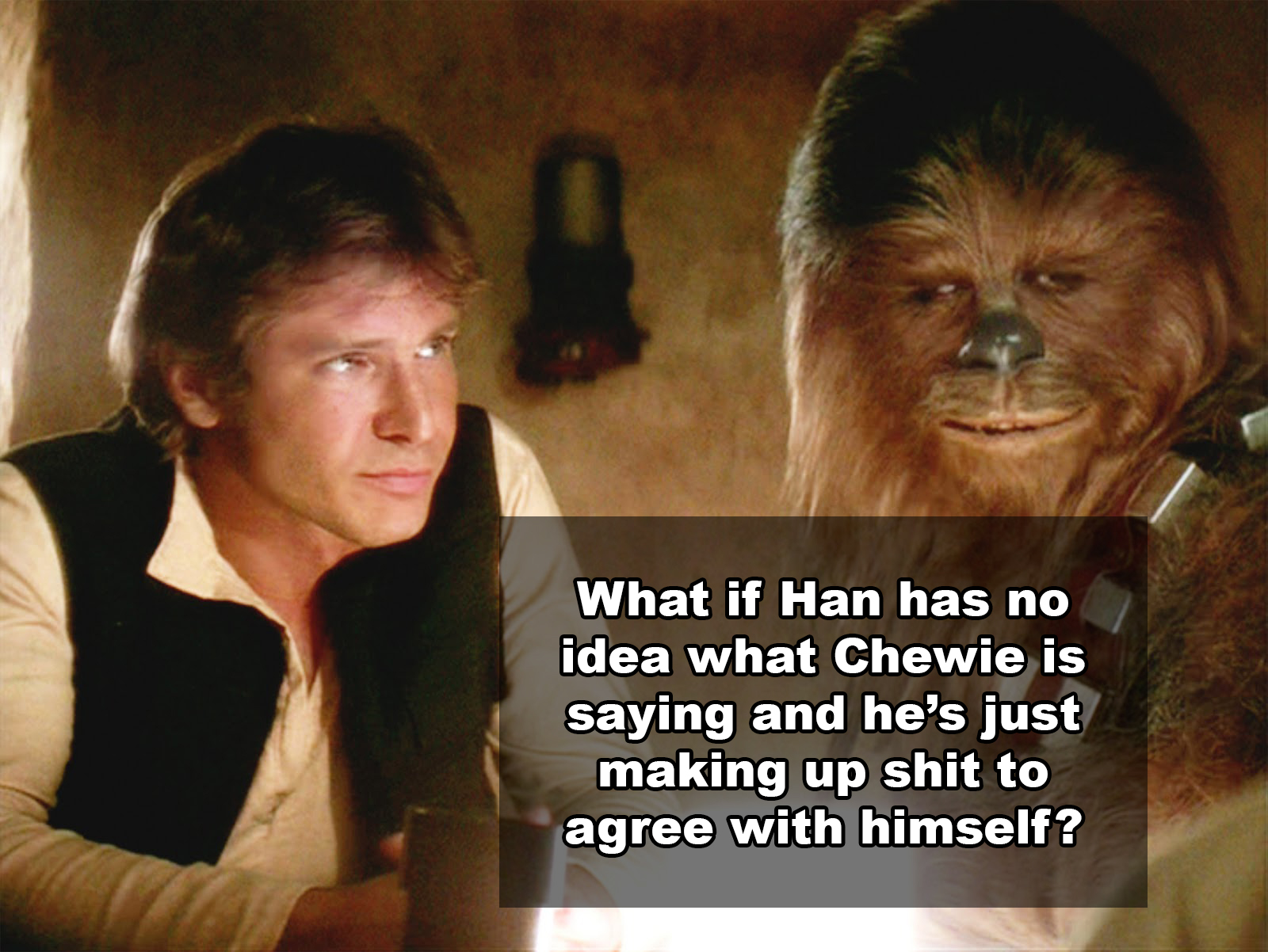 funny star wars han solo - What if Han has no idea what Chewie is saying and he's just making up shit to agree with himself?