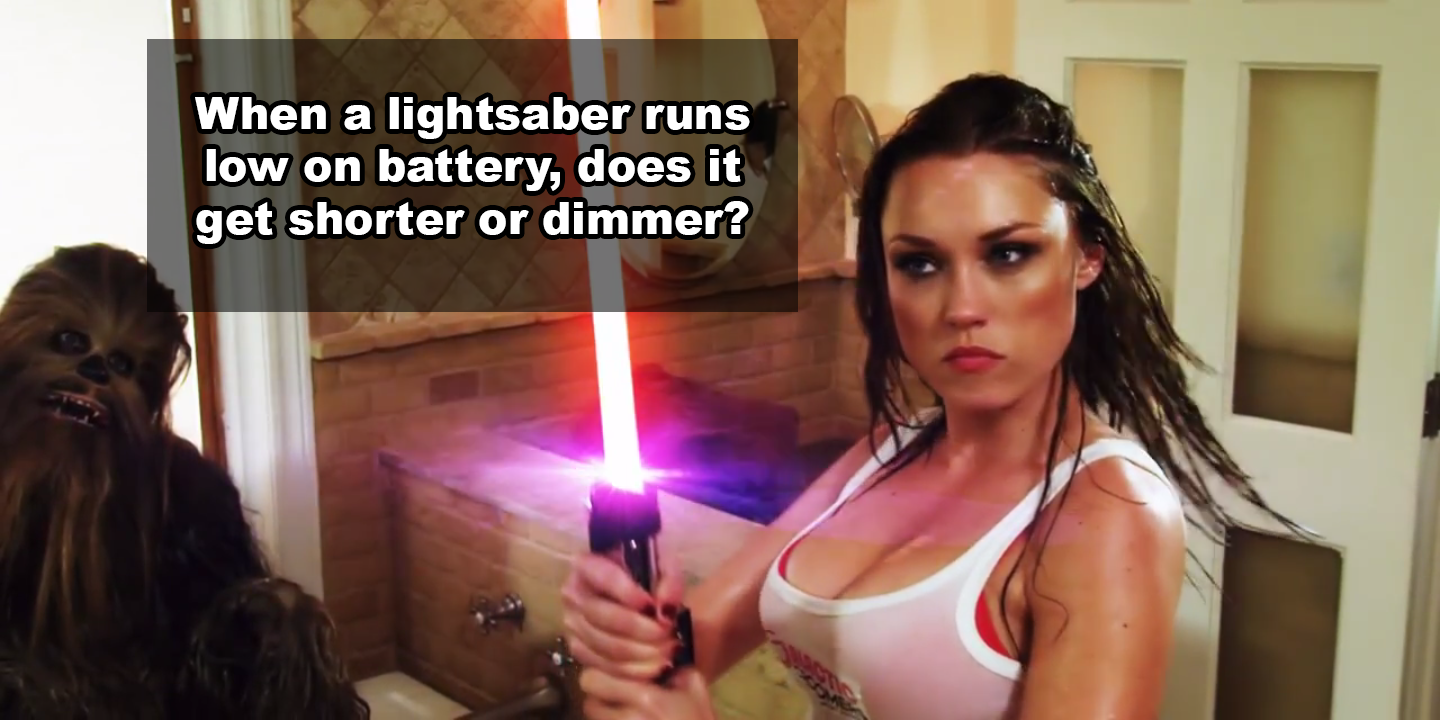 sexy girl fight - When a lightsaber runs low on battery, does it get shorter or dimmer?