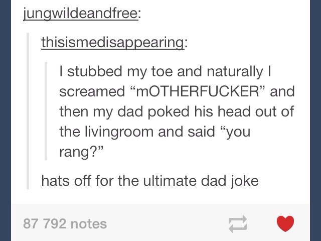 ultimate dad joke - jungwildeandfree thisismedisappearing I stubbed my toe and naturally | screamed Motherfucker and then my dad poked his head out of the livingroom and said "you rang? hats off for the ultimate dad joke 87 792 notes