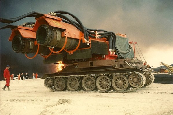 In an effort to fight oil well fires, Hungarian engineers recycled a Russian 

T-34 tank, and replaced the gun turret with two Mig-21 jet engines. The team 

would inject water into the exhaust of the engines and literally blow an oil 

well fire out. They called the device Big Wind.