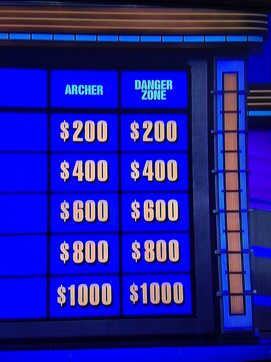 jeopardy categories - Archer Danger Zone $200 $ 200 $ 400 $ 400 $ 600 $600 $ 800 $800 $1000 $1000