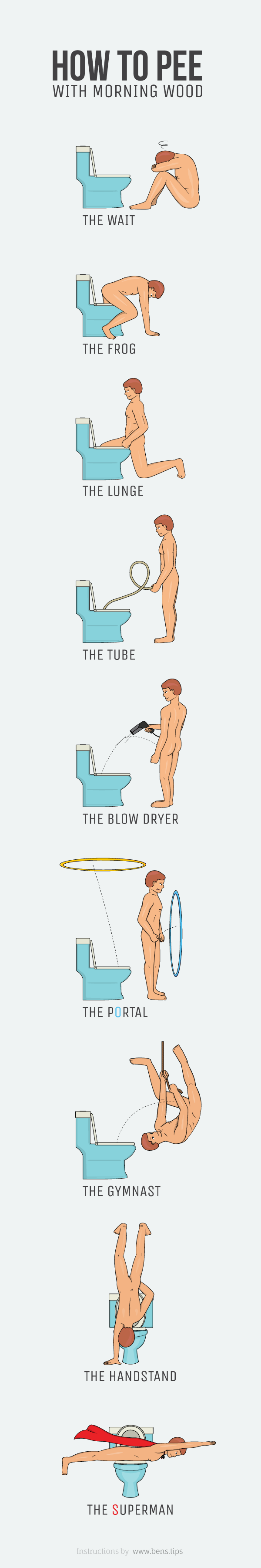 pee with morning wood - How To Pee With Morning Wood The Wait The Frog The Lunge The Tube The Blow Dryer The Portal The Gymnast The Handstand The Superman Instructions by