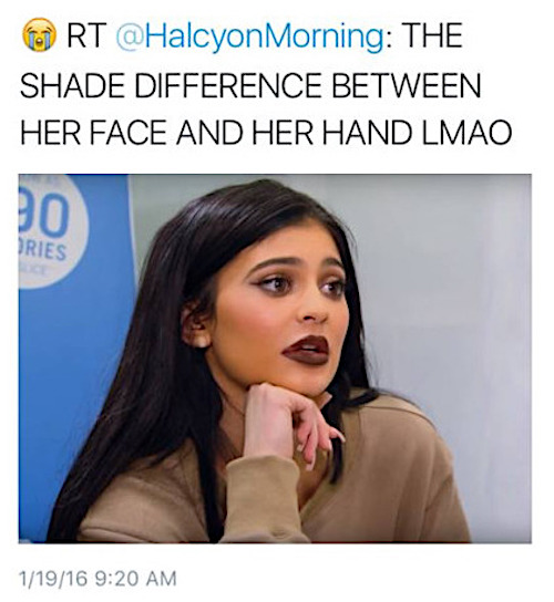 Dank meme about the perils of painting your face orange with makeup but leaving your hands pasty white.