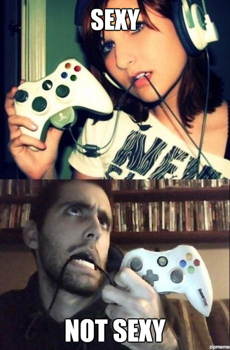 Dank meme comparing funny pictures of a girl and guy doing the same thing to a video game controller but with very different results.