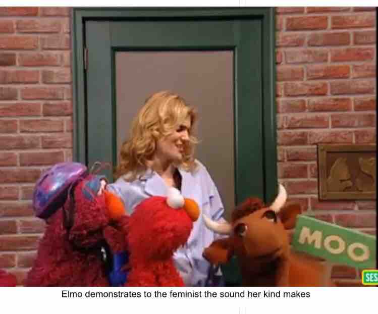 Sesame Street - Ses Elmo demonstrates to the feminist the sound her kind makes