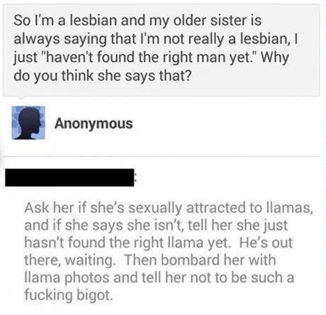 document - So I'm a lesbian and my older sister is always saying that I'm not really a lesbian, 1 just "haven't found the right man yet." Why do you think she says that? Anonymous Ask her if she's sexually attracted to llamas, and if she says she isn't, t