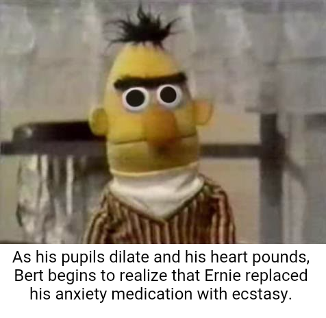 bert funny - oo As his pupils dilate and his heart pounds, Bert begins to realize that Ernie replaced his anxiety medication with ecstasy.