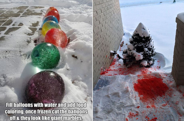 ice orbs - Fill balloons with water and add food coloring, once frozen cut the balloons off & they look giant marbles.