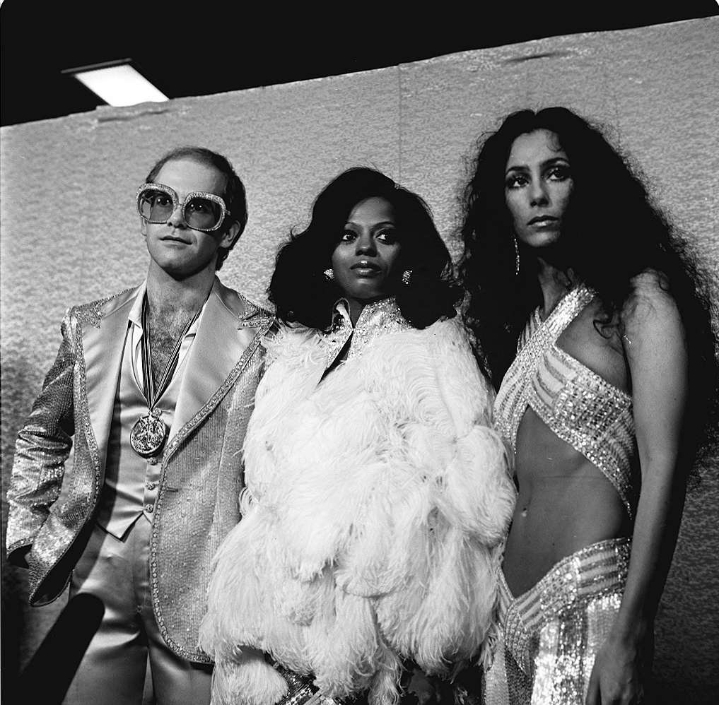Diana Ross, Elton John and Cher at the Rock Music Awards, 1975.