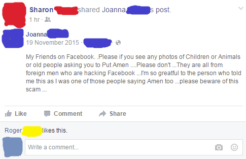 sharon facebook old people - d Joanna s post Sharon 1 hr. Joanna My Friends on Facebook. Please if you see any photos of Children or Animals or old people asking you to Put Amen .... Please don't... They are all from foreign men who are hacking Facebook .