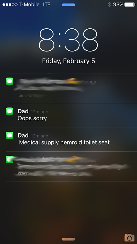 old people failing at technology - ..00 TMobile Lte 93% Friday, February 5 200 slide un Dad 12m ago Oops sorry Dad 12m ago Medical supply hemroid toilet seat O