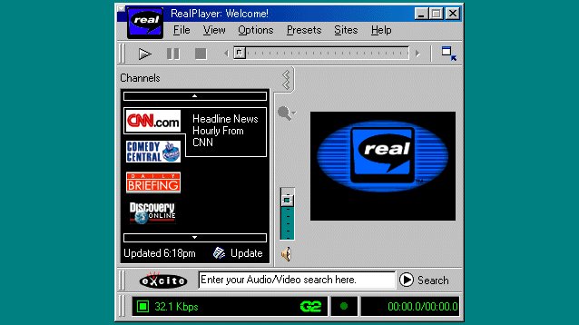 gifs real player - real RealPlayer Welcome! Eile View Options Presets Sites Help Iiiiiiiiiii Channels Cnn.com Headline News Hourly From Cnn Comedy Central real Briefing Discovery Th Updated pm Update Xcito Enter your Audio Video search here. O 32.1 Kbps G