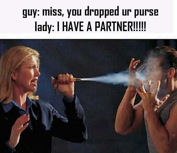 memes - diy pepper spray - guy miss, you dropped ur purse lady I Have A Partner!!!!!