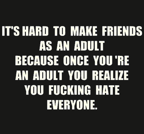 meme - It'S Hard To Make Friends As An Adult Because Once You'Re An Adult You Realize You Fucking Hate Everyone.