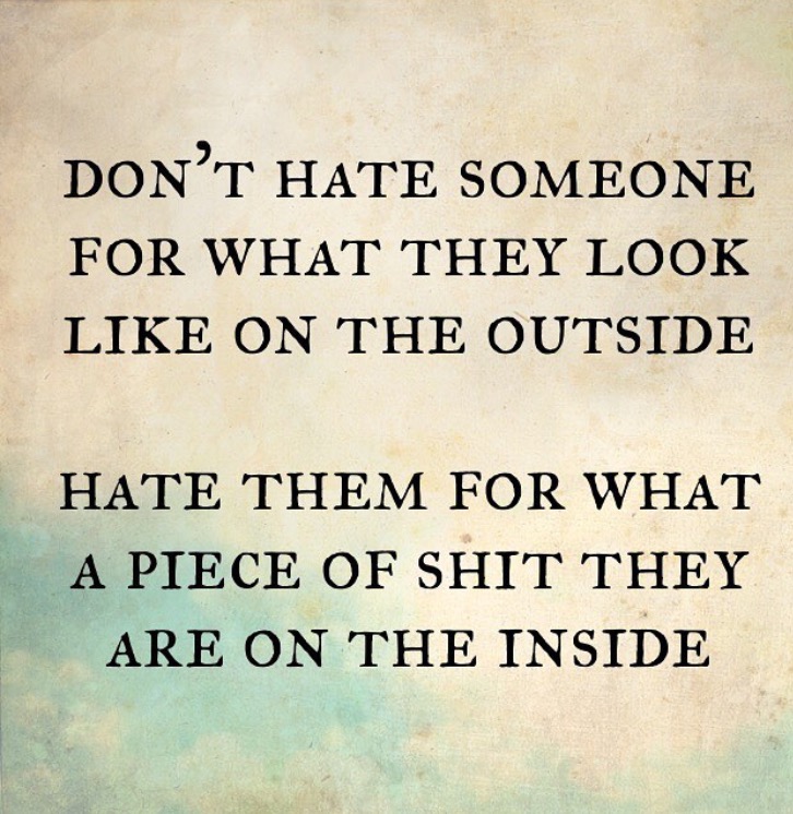 pointless inspirational quotes - Don'T Hate Someone For What They Look On The Outside Hate Them For What A Piece Of Shit They Are On The Inside