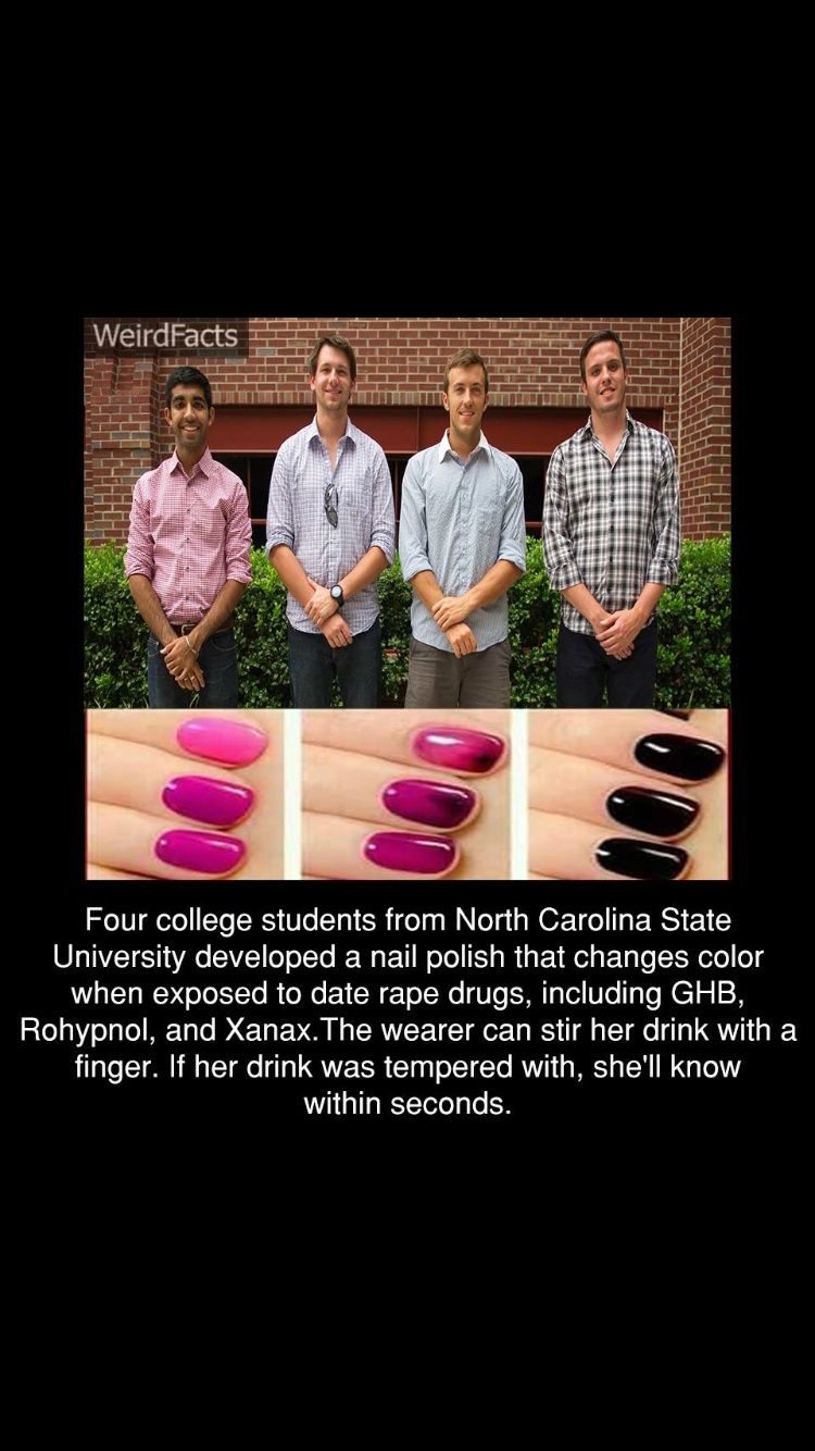conversation - Weird Facts Four college students from North Carolina State University developed a nail polish that changes color when exposed to date rape drugs, including Ghb, Rohypnol, and Xanax. The wearer can stir her drink with a finger. If her drink