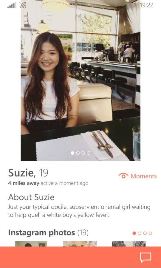 yellow fever reddit - 1 2000 Suzie, 19 4 miles away active a moment ago o Moments About Suzie Just your typical docile, subservient oriental girl waiting to help quell a white boy's yellow fever. Instagram photos 19