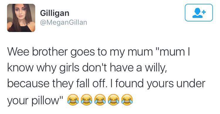 document - Gilligan Gillan Wee brother goes to my mum "mum | know why girls don't have a willy, because they fall off. I found yours under your pillow" S e e