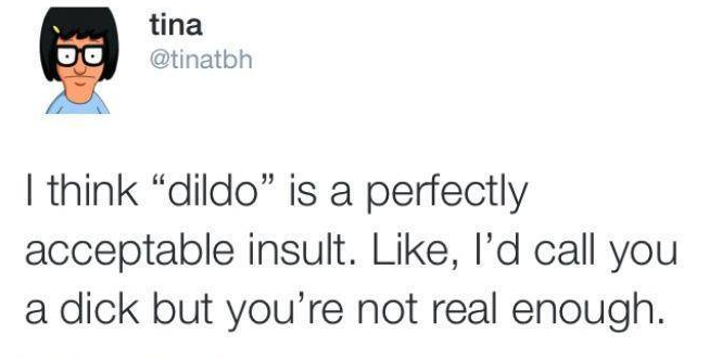 dildo insult - bo tina I think "dildo is a perfectly acceptable insult. , I'd call you a dick but you're not real enough.