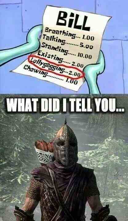 skyrim 5 memes - Bill Breathing... 1.00 Talking........5.00 Standing..... 10.00 Existing..... 2.00 Lollygagging... 2.00 Chewing........... 1.00 What Did I Tell You...