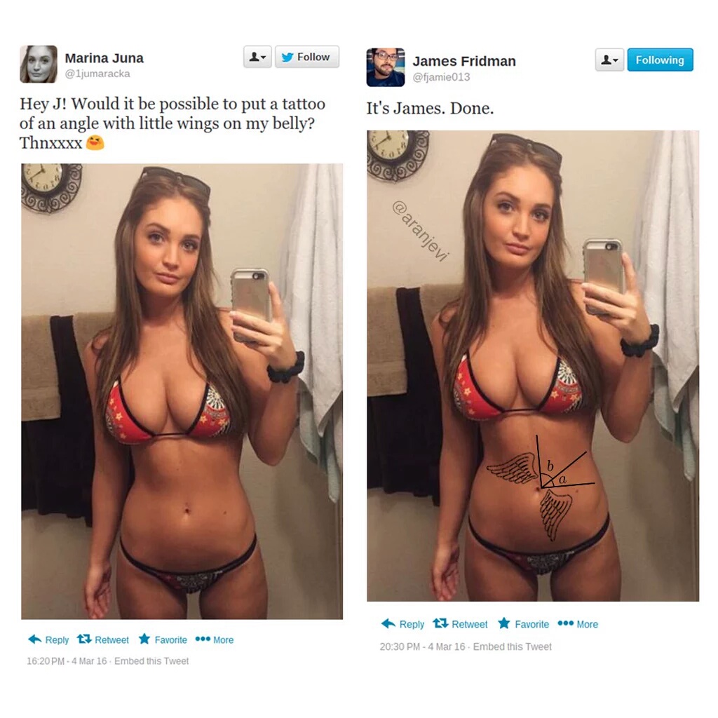 james photoshop angle - 4 y Marina Juna ing James Fridman It's James. Done. Hey J! Would it be possible to put a tattoo of an angle with little wings on my belly? Thnxxxx Goos t3 Retweet F avorite ... More t7 Retweet Favorite ... More 4 Mar 16. Embed this