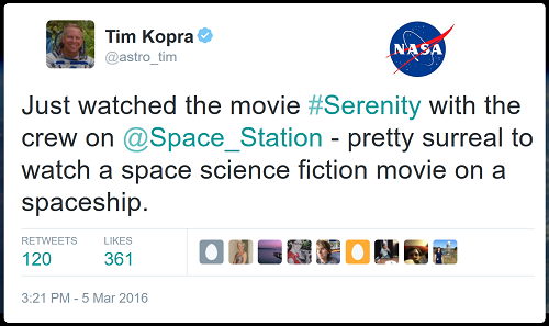 nasa - Tim Kopra Nasa Just watched the movie with the crew on pretty surreal to watch a space science fiction movie on a spaceship. 120 361 Ou.Goo