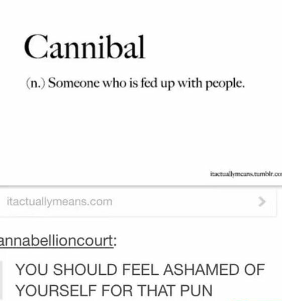 document - Cannibal n. Someone who is fed up with people. itactuallymen.tumblr.com itactuallymeans.com annabellioncourt You Should Feel Ashamed Of Yourself For That Pun