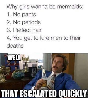 well that escalated quickly memes - Why girls wanna be mermaids 1. No pants 2. No periods 3. Perfect hair 4. You get to lure men to their deaths Well That Escalated Quickly