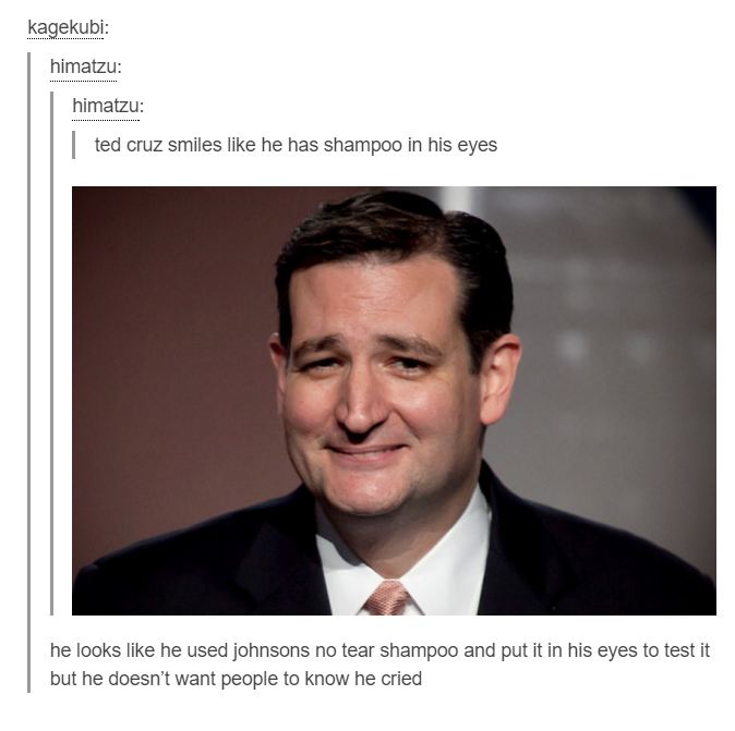 ted cruz munsters - kagekubi himatzu himatzu |ted cruz smiles he has shampoo in his eyes he looks he used johnsons no tear shampoo and put it in his eyes to test it but he doesn't want people to know he cried